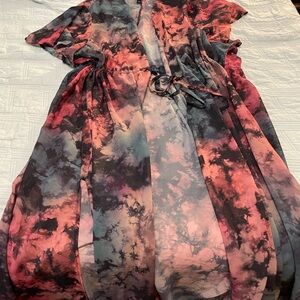 Tie-Dye Maxi robe/kimono/Cover-Up in Coral, Blue, and Black